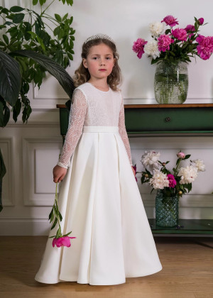 Long Sleeves Ivory Lace Satin Flower Girl Dress